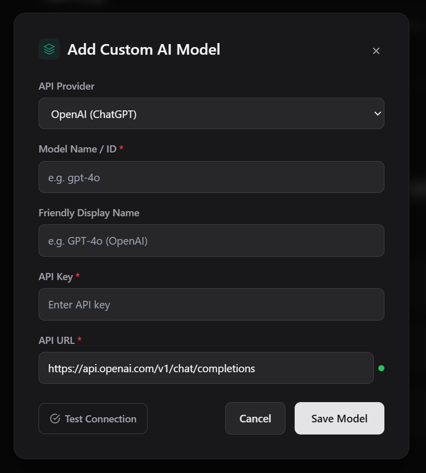 Add custom model dialog with provider selection, model ID, API key, and API URL fields