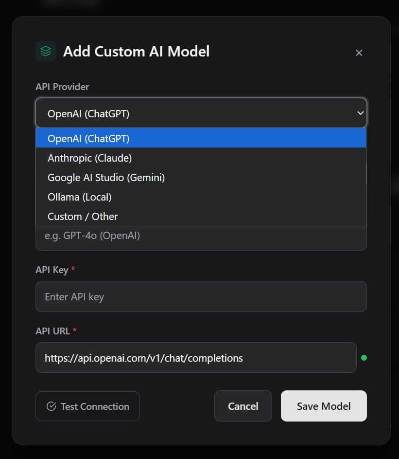 Provider dropdown in the add custom model dialog listing presets including OpenAI, Anthropic, Gemini, Ollama, and Custom / Other