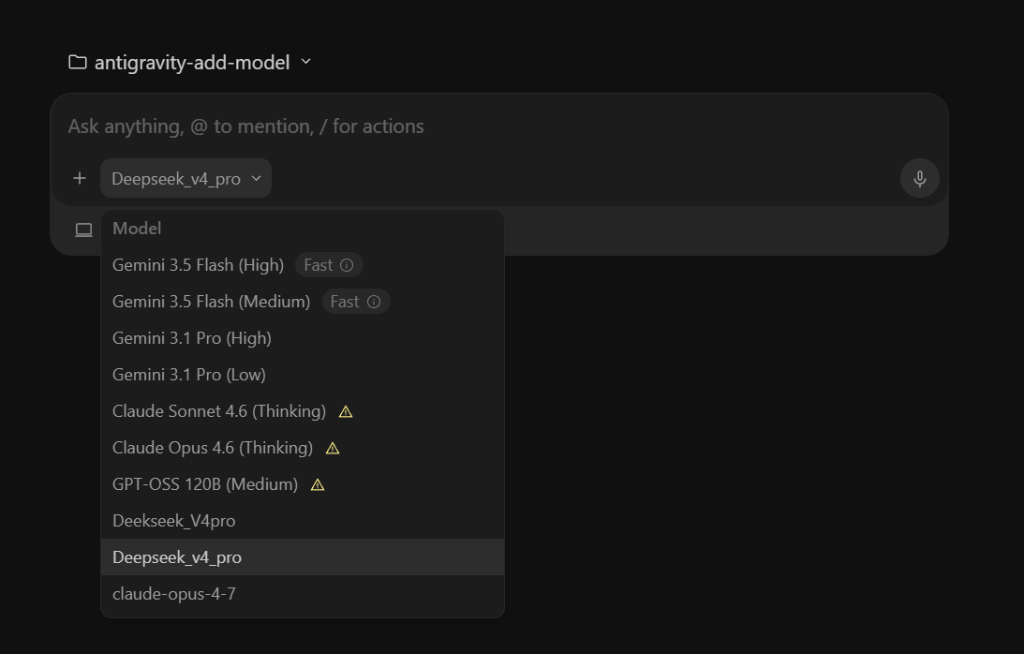 Custom models listed alongside built-in models in Antigravity's chat picker