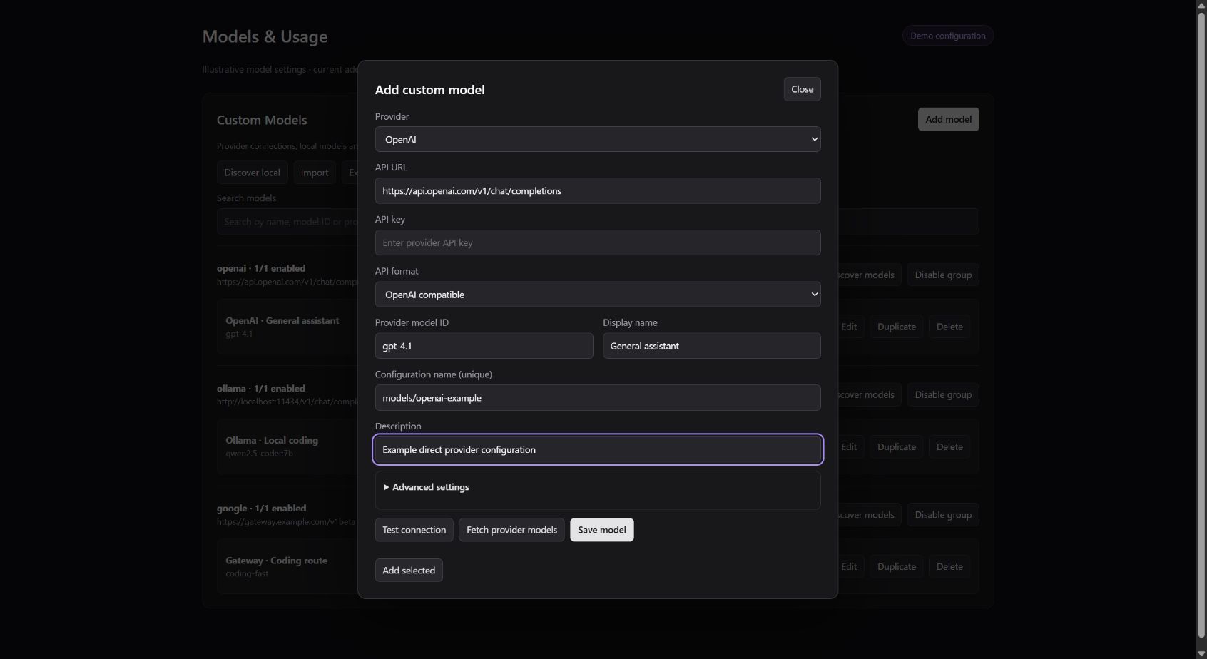 Model editor showing provider, API format, model ID, and discovery settings