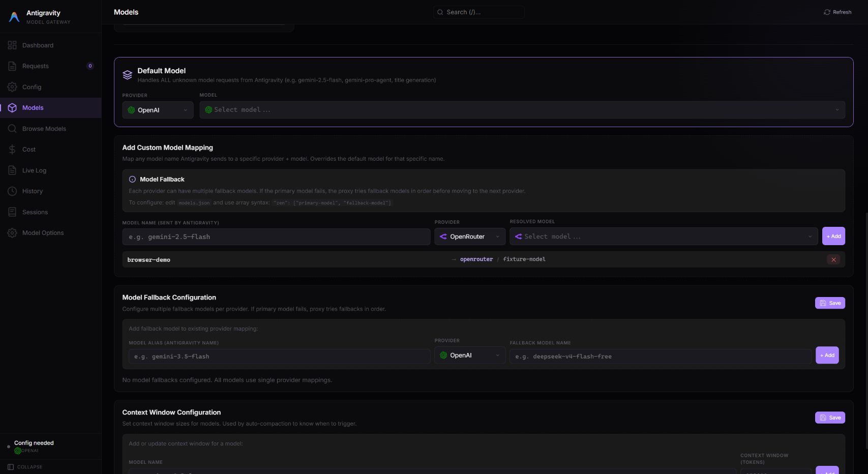 Gateway dashboard showing custom model aliases, provider selection, fallback settings, and context window controls